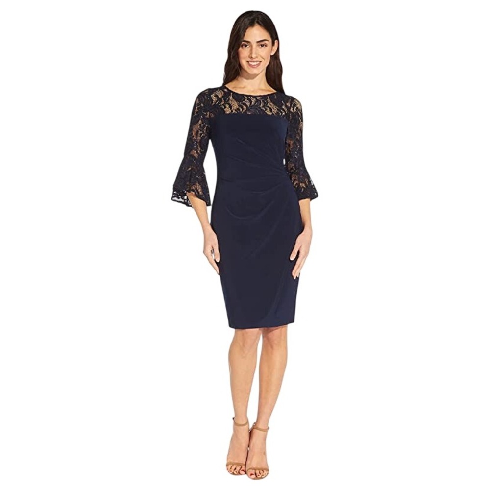 Adrianna Papell Bell Sleeve Jersey Drape Dress Navy Blue Women's Size 10